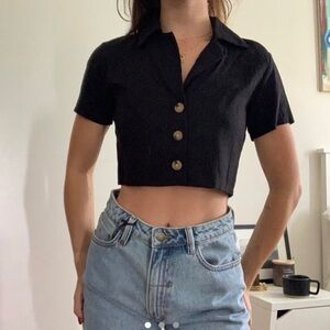 Princess Polly Crop Top Black Linen Blend Button Front 4